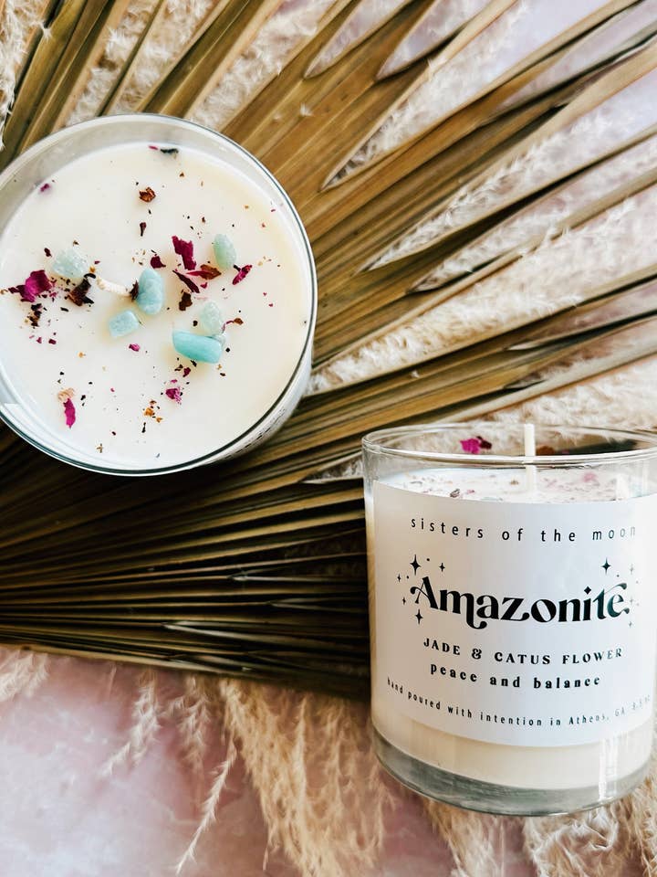 Jade + Cactus Flower - Candela d'intenzione in amazzonite per la vendita all'ingrosso da parte di Sisters Of The Moon