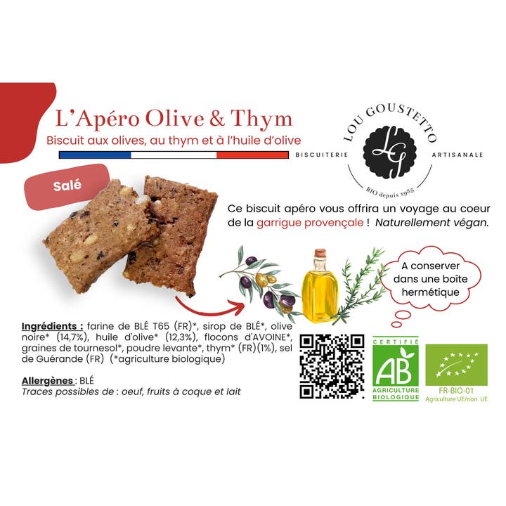 Ficha de producto laminada - Galleta de aperitivo con oliva y tomillo para venta al por mayor de Lou Goustetto
