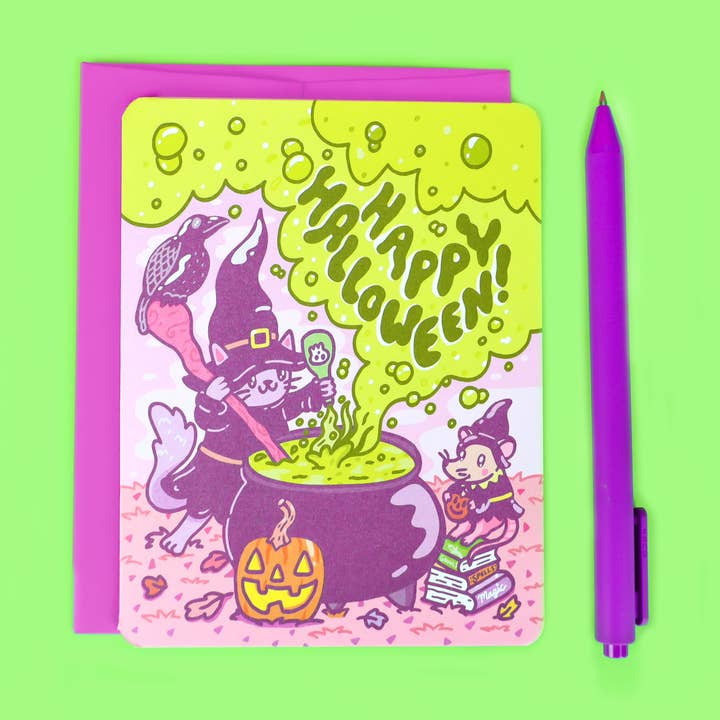 Happy Halloween Witchy Cauldron Bubbles Greeting Card for wholesale by Turtle's Soup