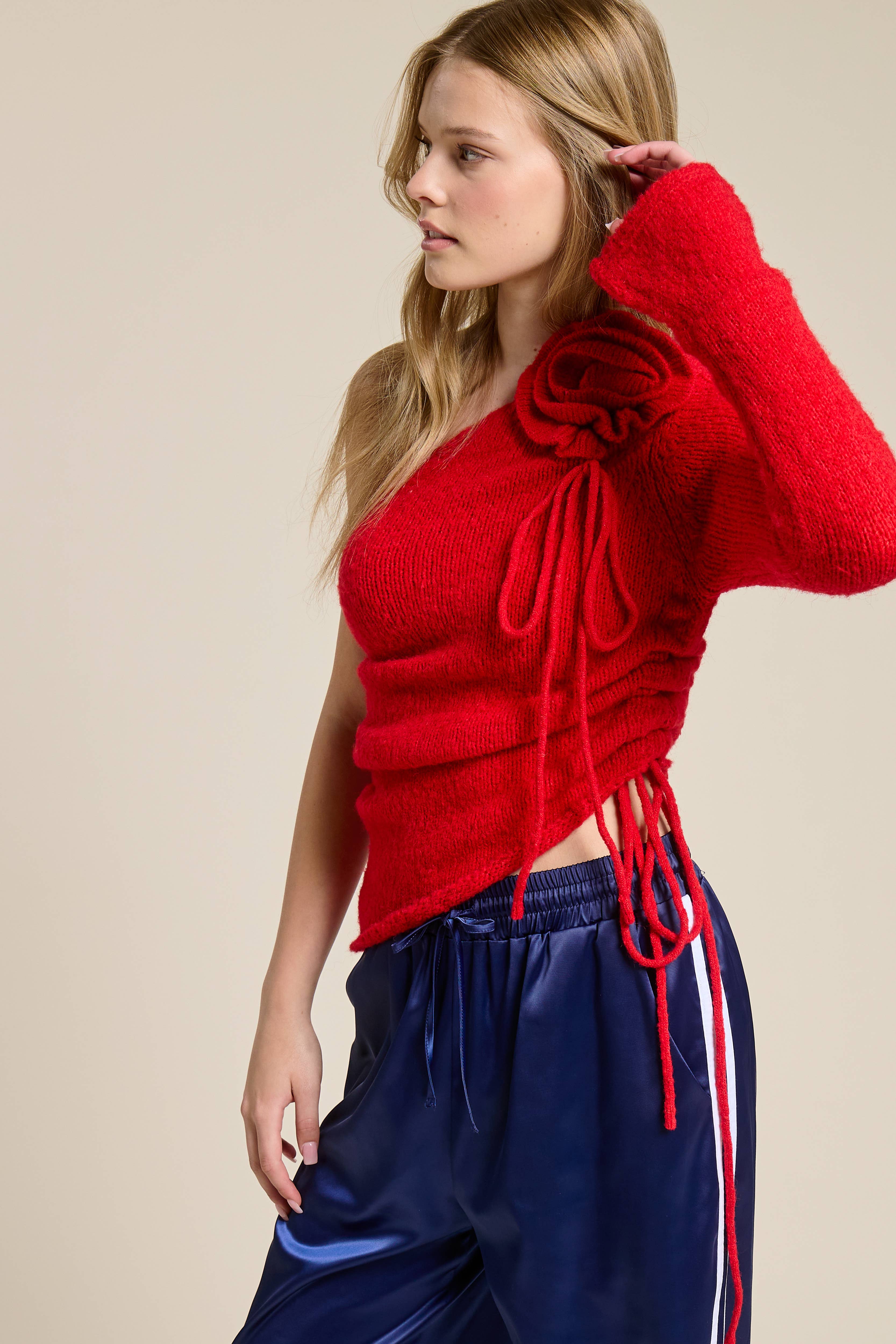 Mimosa - Wholesale Knit Top - Women's - One Shoulder Floral Embellishment Knit Top17