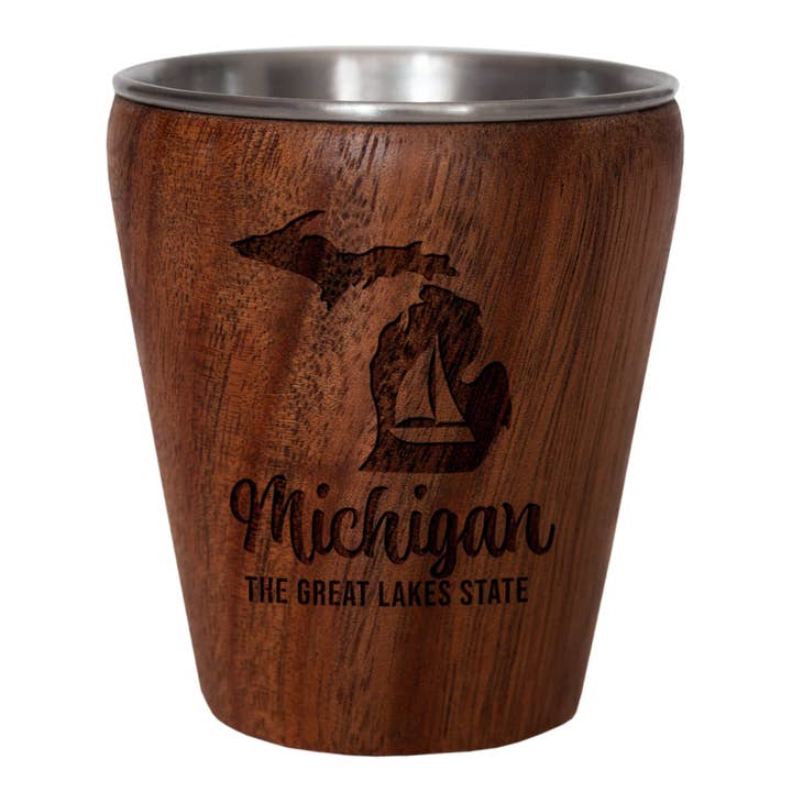 TB Home® Michigan Acacia Wood Engraved Shot Glass for wholesale by Totally Bamboo