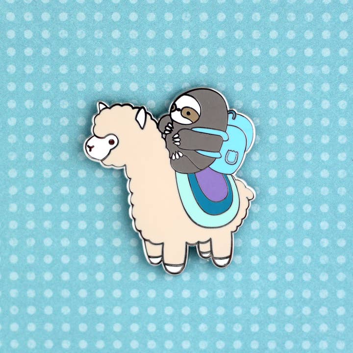 Sloth and Alpaca Adventurer Enamel Pin (Silver). Llama Pin for wholesale by Wild Whimsy Woolies
