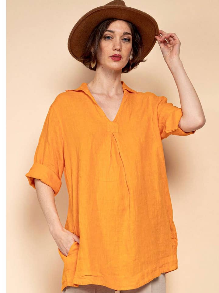 Blusa de lino cuello v 680080 100%LINO para venta al por mayor de la maison des fibres naturelles