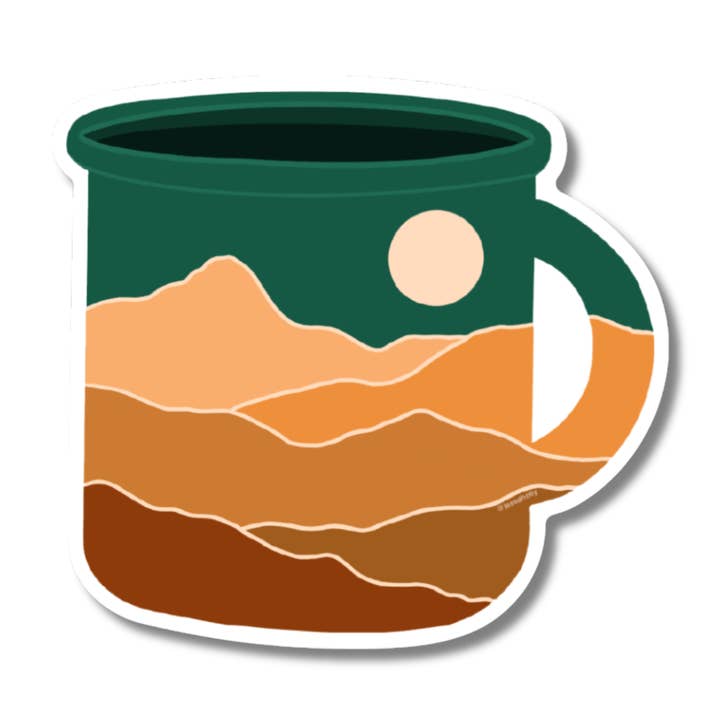 Jessica Holly Creative - Wholesale Sticker - 'Camp Mug' Mountain Skyline Vinyl Sticker, 3in0