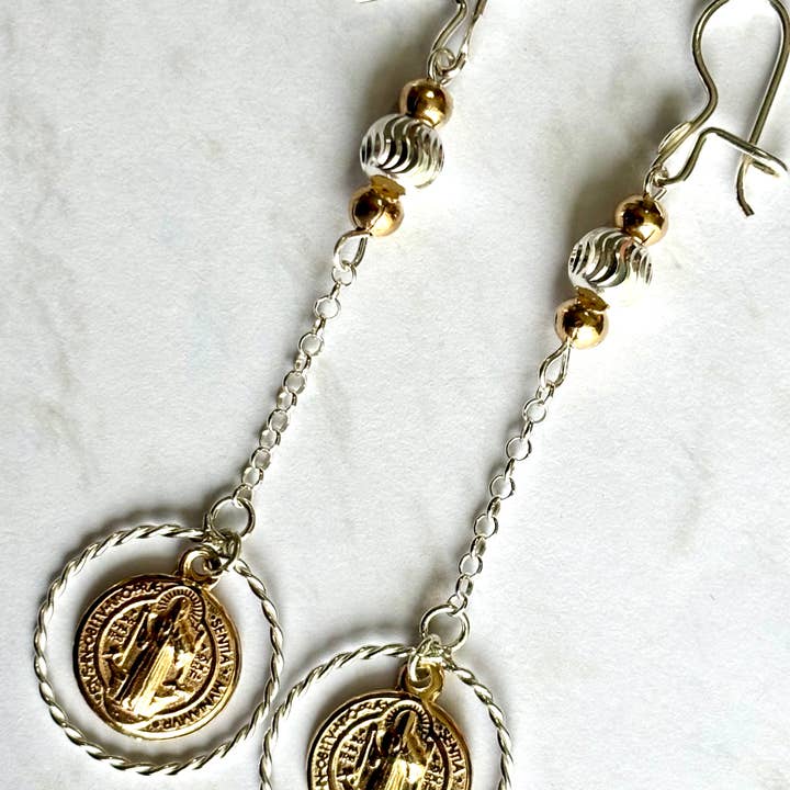 Saint Benedict Medal Earrings in 925 Sterling Silver & 10K for wholesale by QURI