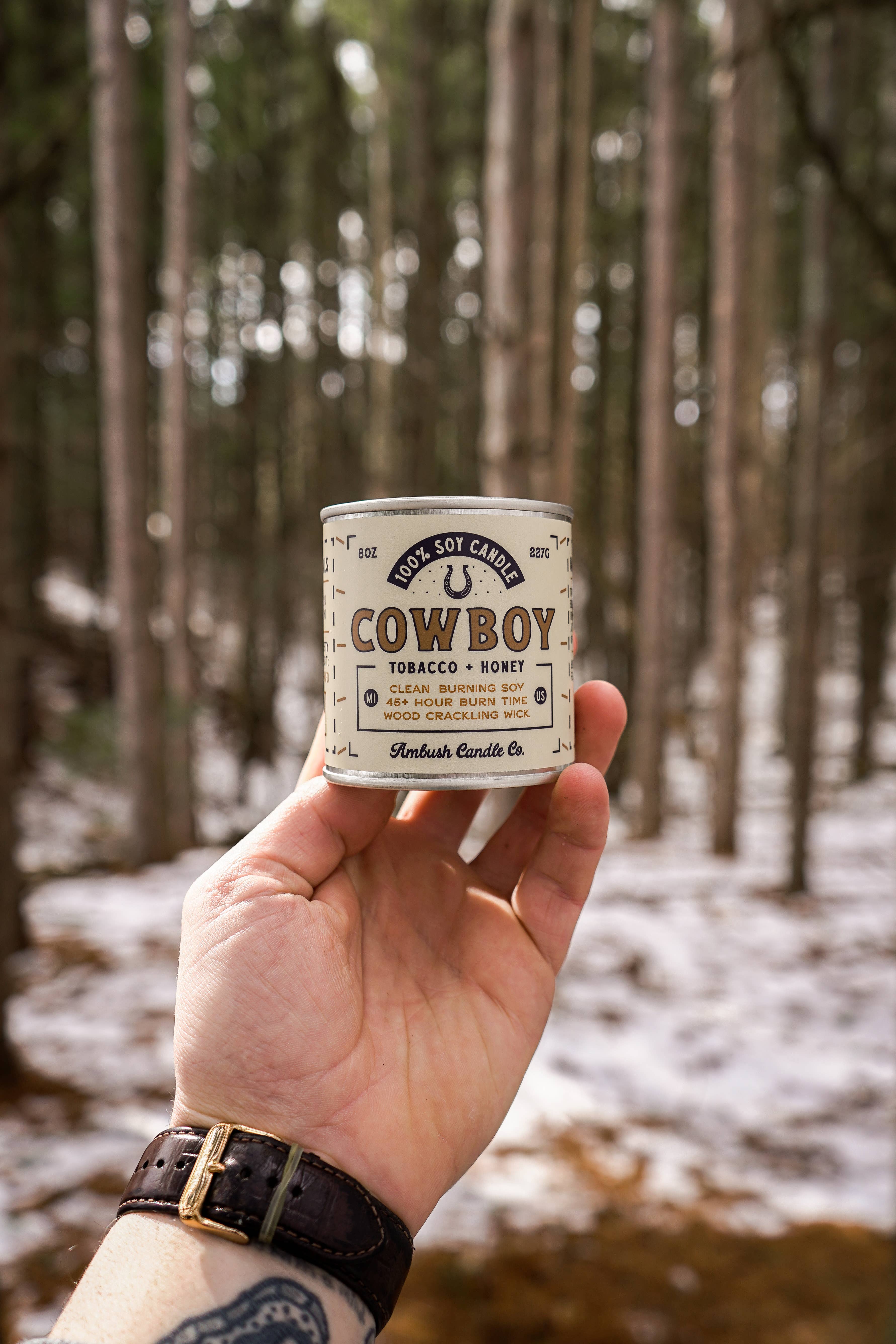 Ambush Candle Co. – wholesale Jar/filled candle – Cowboy | Tobacco + Honey 8oz Soy Candle5