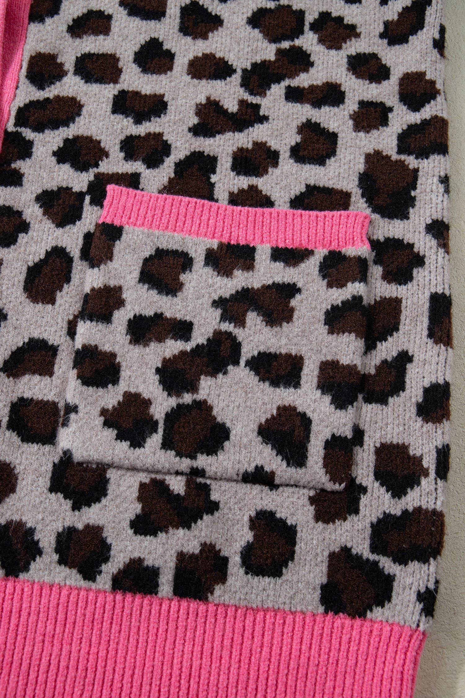 Brown 66Leopard Print Color Block Trim Sweater Cardigan (S-XL) for wholesale on Faire7