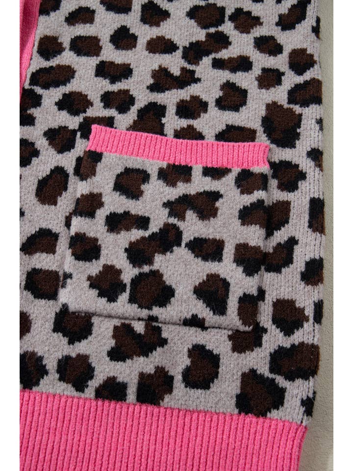 Marron Cardigan à imprimé léopard avec bordure en couleur (S-XL) en vente sur Faire7