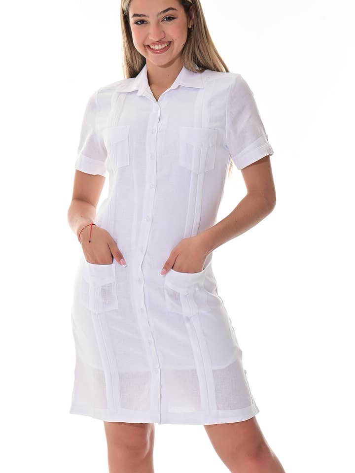 Ladies 100% Linen Guayabera Dress Classic S/S-A-LLGD3010 for wholesale by Azucar & Bohio