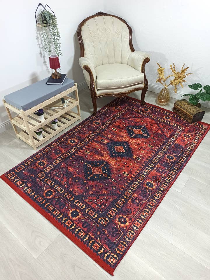 Turkish Oriental Design Red Navy Blue Rug for wholesale by Fame Living
