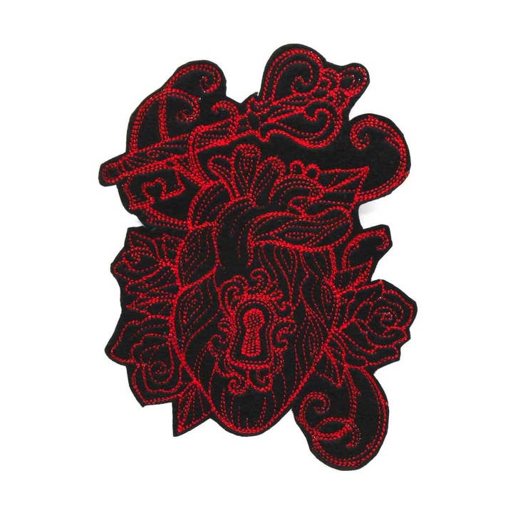 Anatomical Heart and Key Embroidered Iron On Patch for wholesale by Project Pinup
