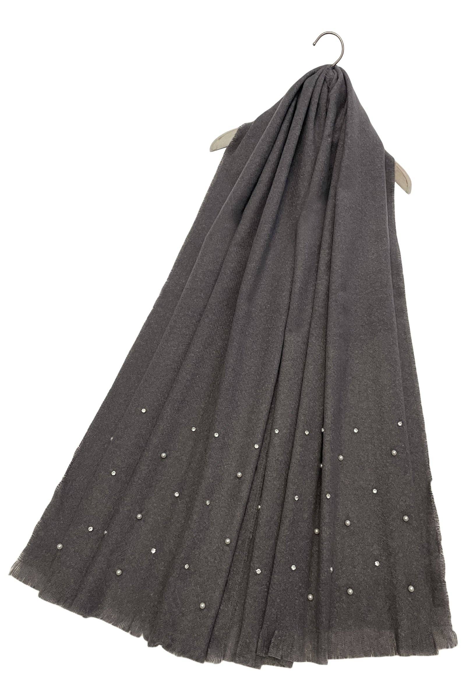 Fashion Scarf World - Wholesale Scarf - Women's - Pearl and Diamante Plain Wool Frayed Scarf7