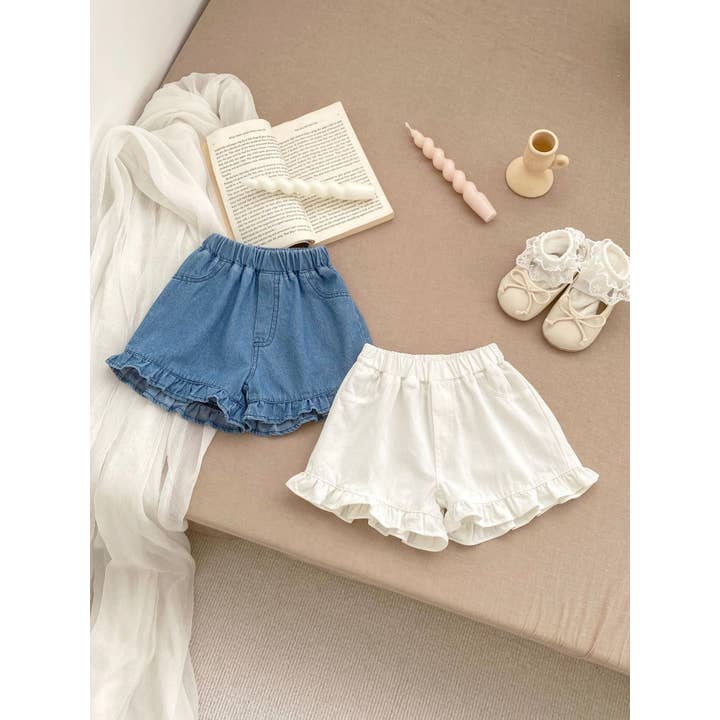 Short d'été en jean à volants de couleur unie pour petite fille pour la vente par MyKids-USA®