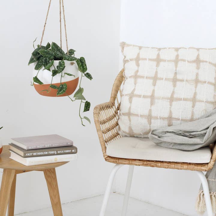 Sprout & About - Wholesale Hanging Planter - Small Burnt Orange Ceramic Hanging Planter Pot in White