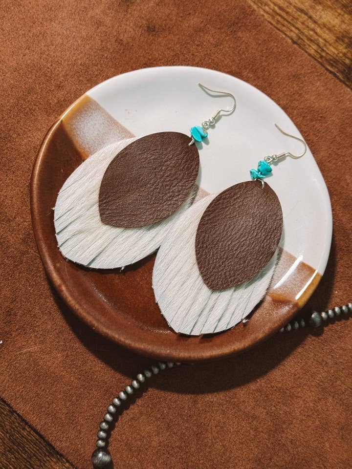 Western Turquoise Accent Leather Fringe Earrings for wholesale by Flying A Designs
