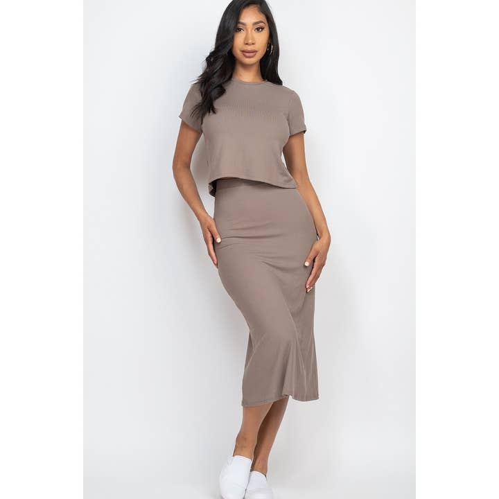 Ribbed Solid Top and Midi Skirt Set for wholesale by Timeless