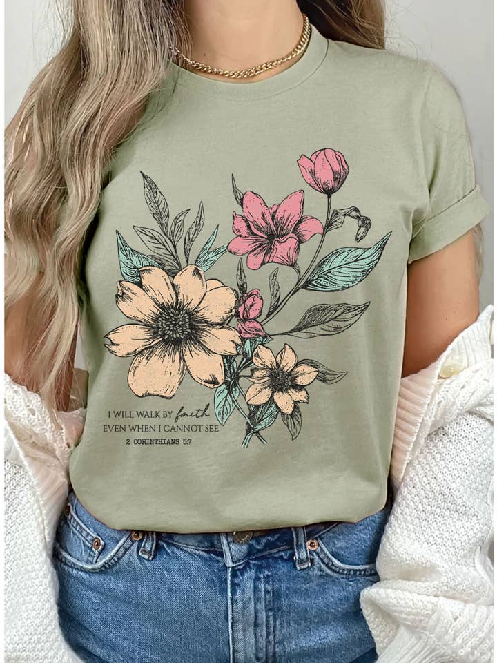 Rustee Clothing - Wholesale Screen Printed T-Shirt - Women's - I WILL WALK FAITH FLORAL GRAPHIC TSHIRTS6