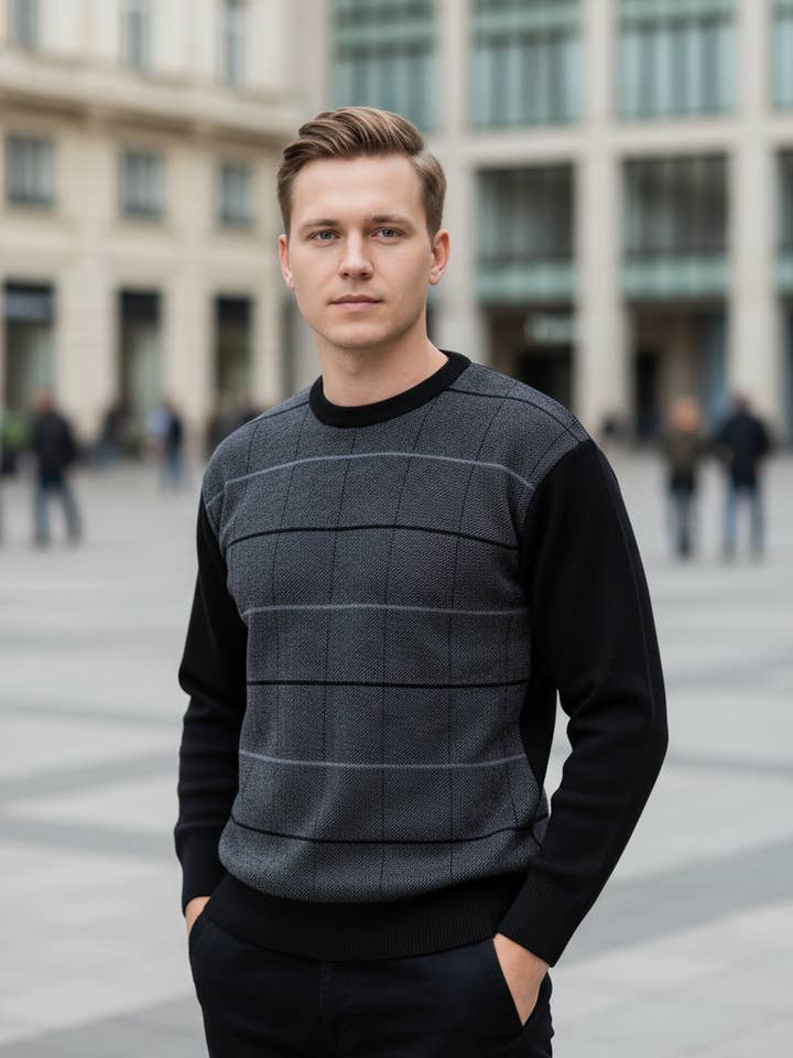 Felsenkind Hållbar herrstickad tröja – Återvunnen polyester, mjukt material, gråsvart rutig tröja, idealisk för vardag, kontor & fritid för wholesale av Felsenkind