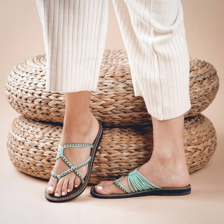 Plaka - Wholesale Sandals - Women's - Oceanside Summer Flip Flops Flat Sandals - Turquoise-gray2
