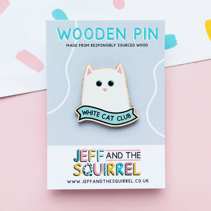 White Cat Club Wooden Pin Badge | Sustainable for wholesale by Jeff and the Squirrel