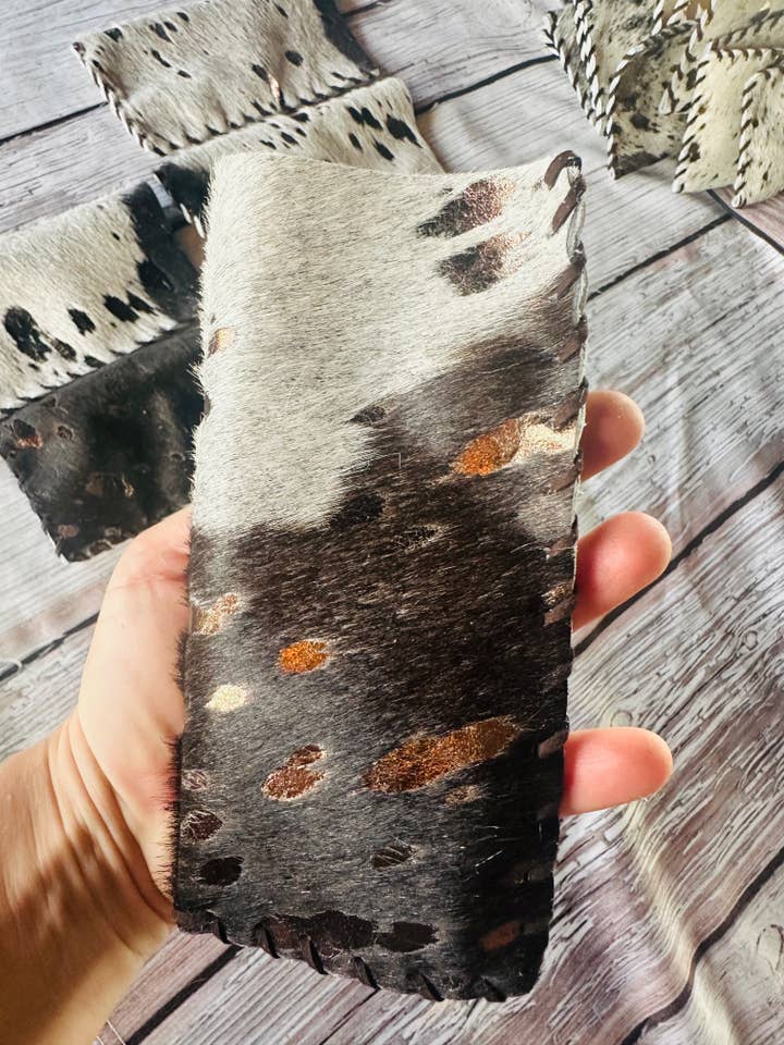 Metallic Brown Spotted Cowhide Sunglass Case for wholesale by Boots Are My Roots
