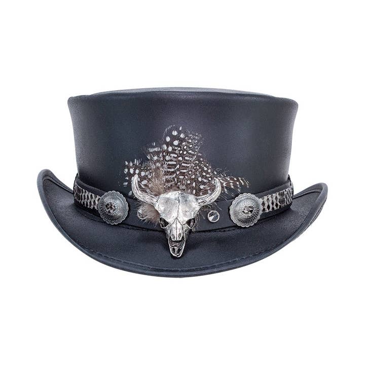 Black Genuine Leather Top Hat - Style Marlow True Grit Hat Band for wholesale on Faire