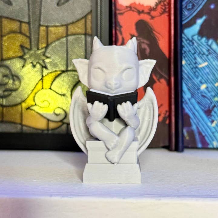 3d Printed Cute Gargoyle Reading a Book Bookshelf Decor for wholesale by Awfullynerdy.co