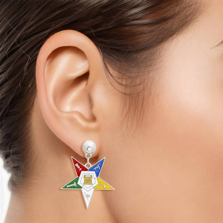OES Sorority White Star Shield Drop Silver Earring for wholesale by PinktownUSA