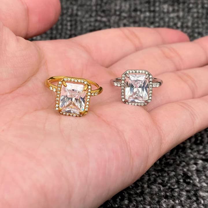 Square Zircon 18K Gold Plated S.Steel Adjustable Ring - FGS for wholesale by Mio Queena