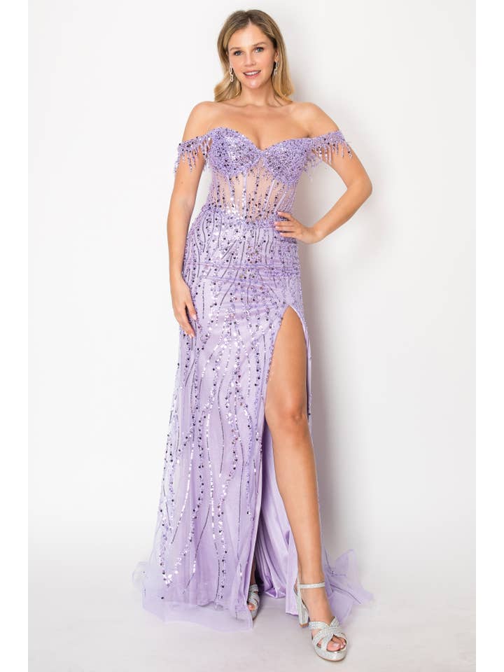 Chicas - Wholesale Gown - Women's - Off the Shoulder Sequin and Bead Long Dress C33130