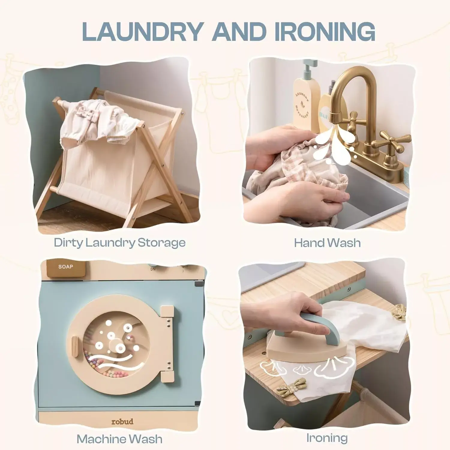 Robud & Mewoofun Official Store - Wholesale Toy Set - Kids - Robud Pretend Play Wooden Washing Machine Building Toys3