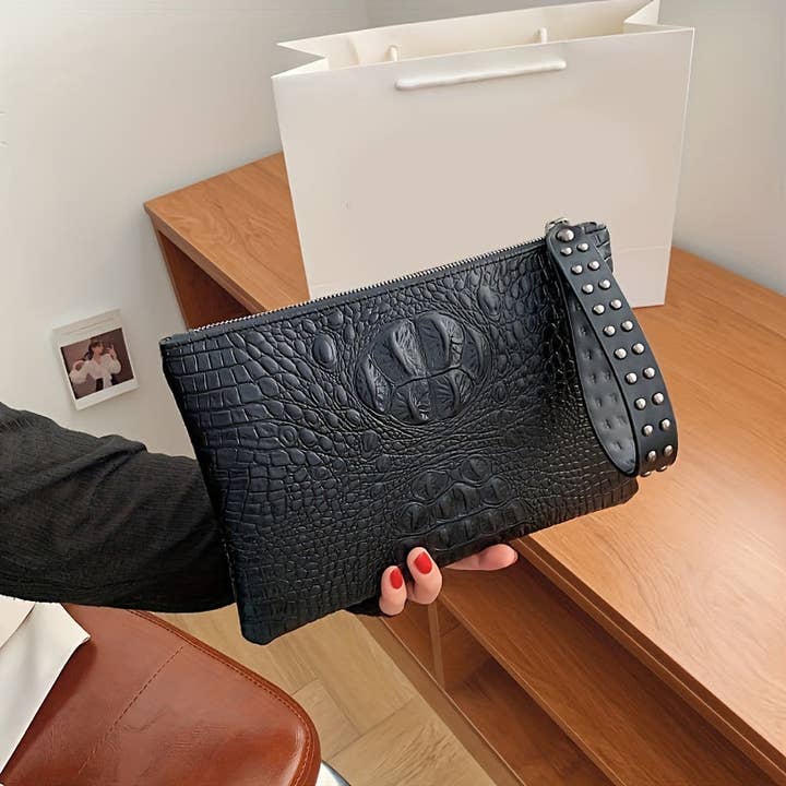 BBTOHOUSE - Wholesale Clutch Bag - Women's - Crocodile Pattern Square Clutch Bag - Zipper Closure, Fixed Shoulder Straps, Animal Print PU Handbag with Polyester Lining and Wristlet - Fashionable Studded Decor for Women