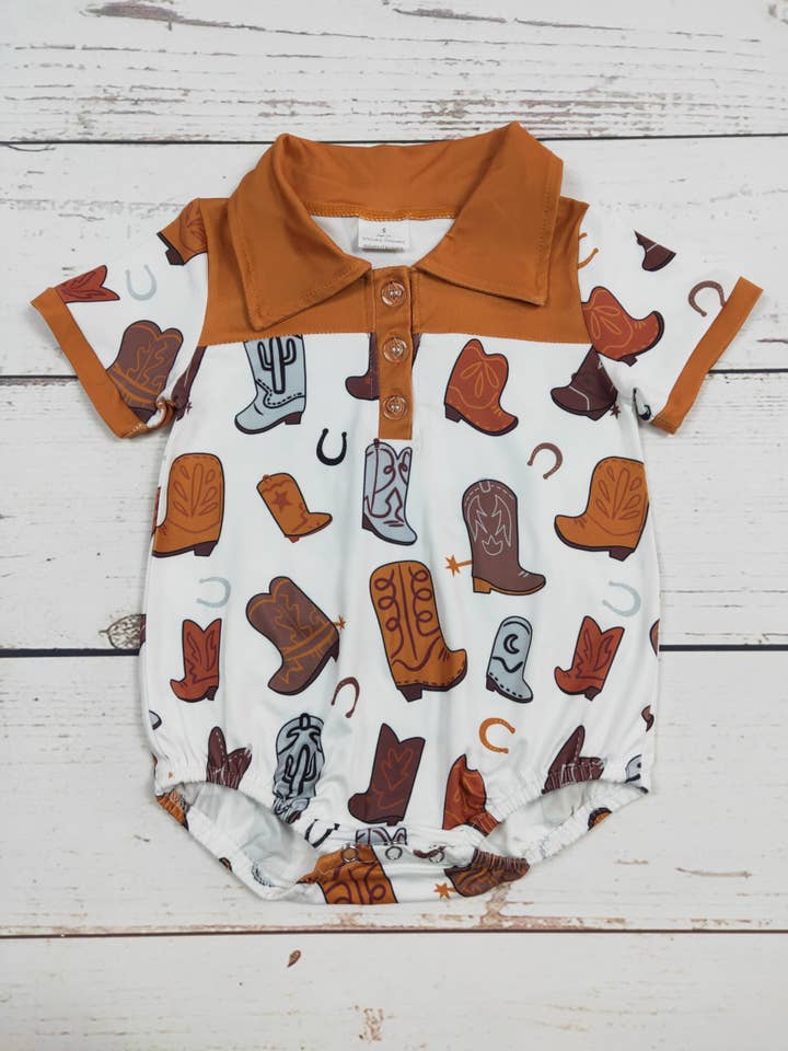sassy kids palace - Wholesale Bodysuit (Non-Footed) - Baby - Brown Boots Printed Western Boys Bubble