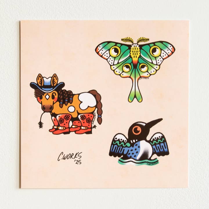 Horse Moth & Loon Tattoo Flash Sheet for wholesale by Curlworks