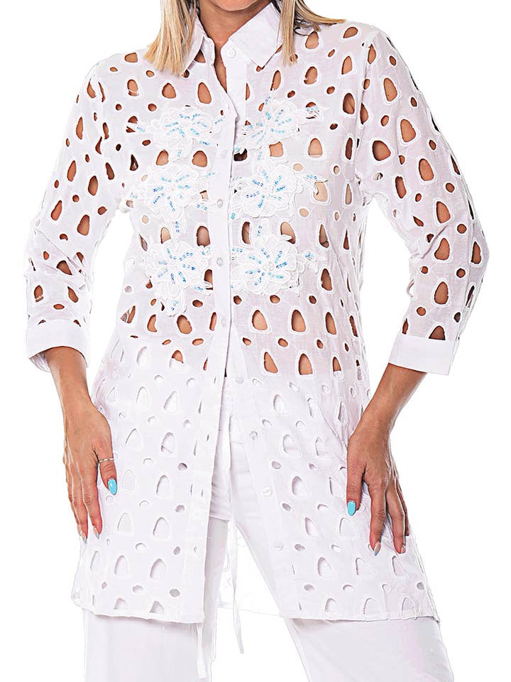 Women's L/S Button Down Top Large Eyelets Casual Cover-Up for wholesale by Azucar & Bohio