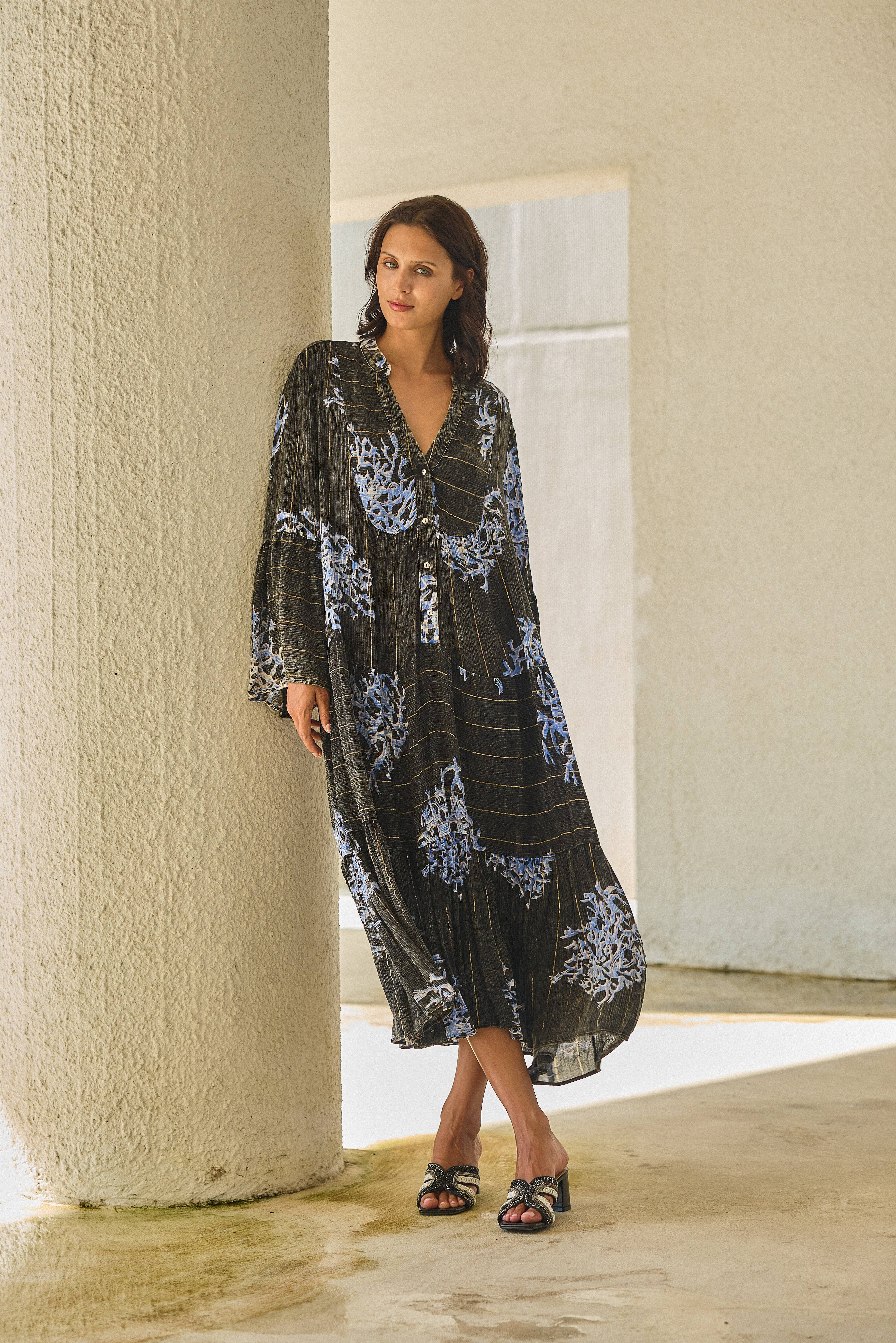 Noir Robe longue  à imprimé corail  , style délavé avec Lurex en vente sur Faire4