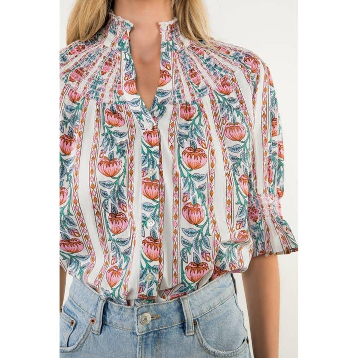 CREAM Smocked Neck Puff Sleeve Floral Top for wholesale on Faire