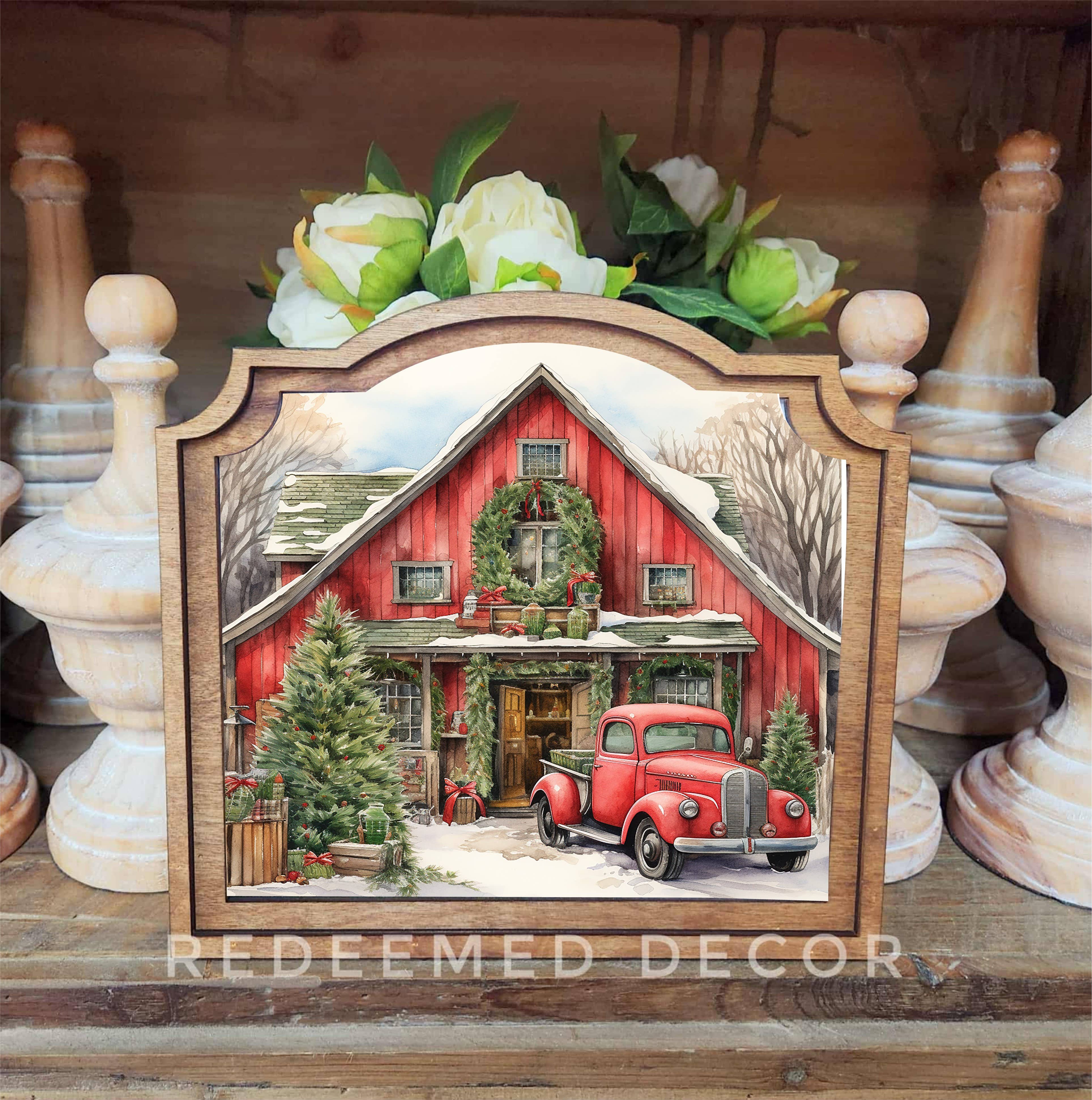 Redeemed Decor - Wholesale Decorative Tabletop Object - Provincial Red Christmas Barn Framed Art0