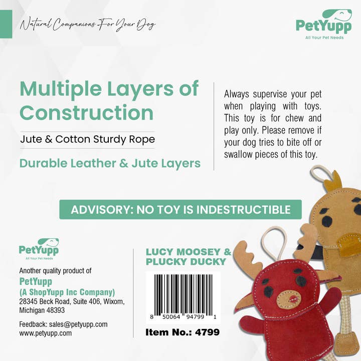 PetYupp - Wholesale Pet Toy Set - Dog - Leather, Cotton & Jute Toy with Coconut Fiber Filling - Pack of 2 (Ducky & Moosey)