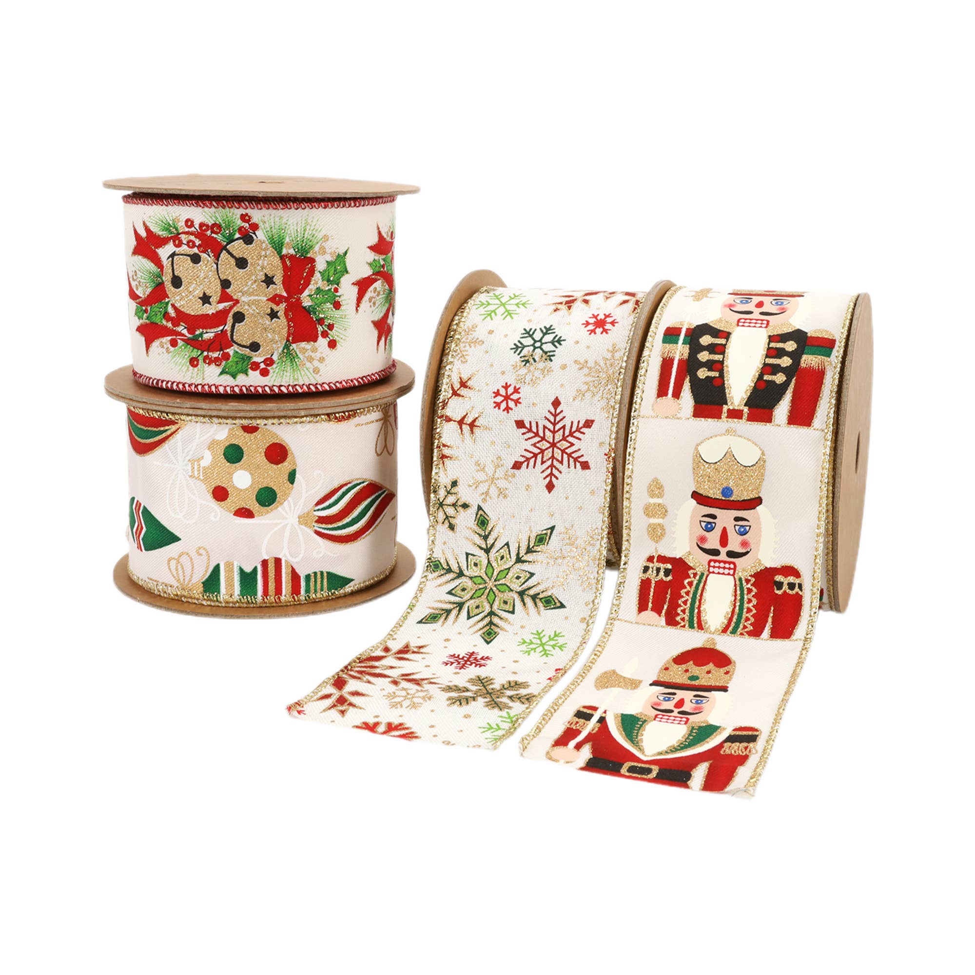 LA Ribbons Wholesale – fita para embrulhar presentes por atacado – Fita de Natal com Arame 2 1/2" | Sinos Brancos c/ Azevinho | Rolo de 10 Jardas5