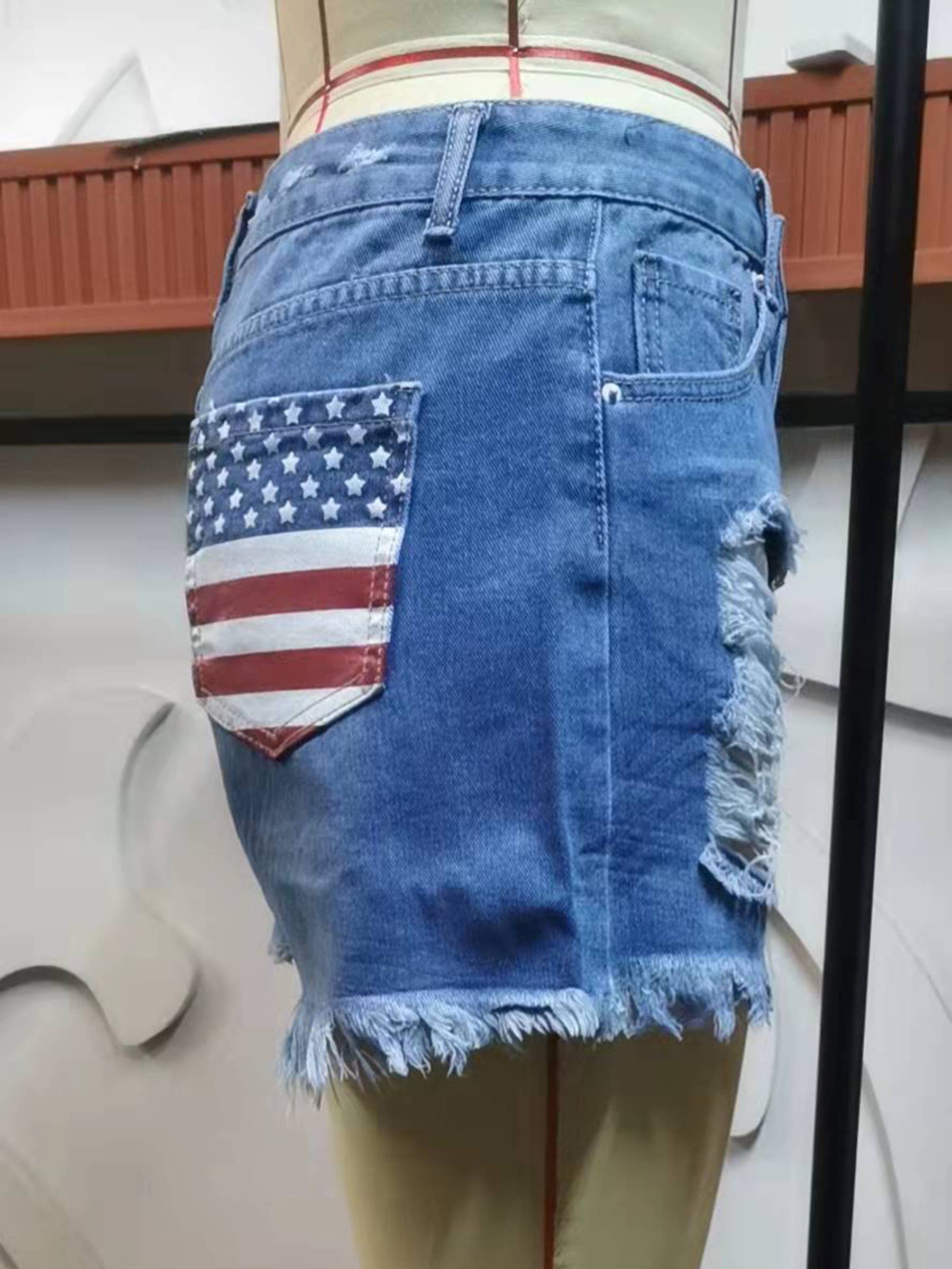 Wholesalesir - Wholesale Shorts - Women's - American Flag Printed Distressed Buttoned Denim Shorts4