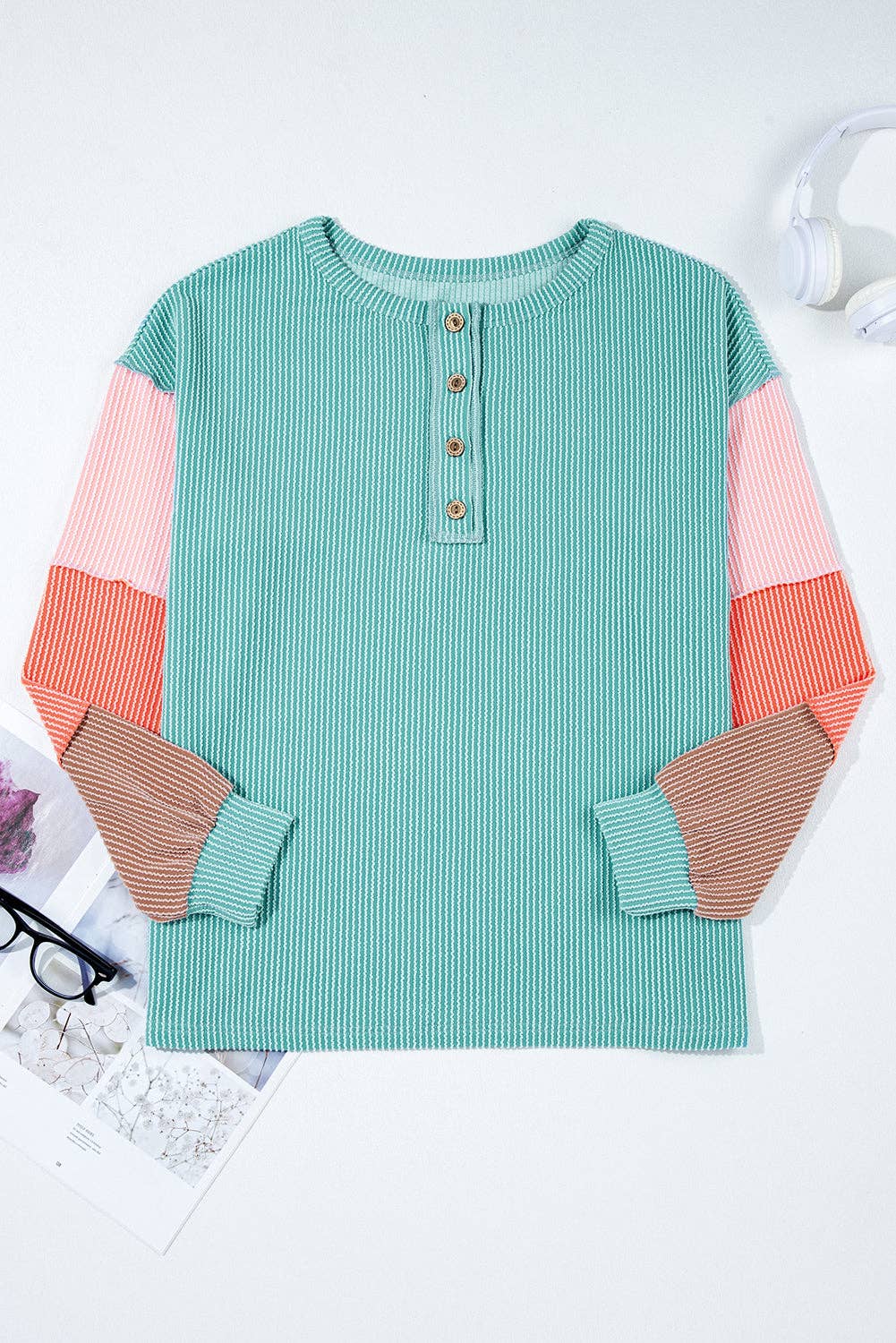 Multicolour Colorblock Corded Knit Long Sleeve Henley Top for wholesale on Faire5