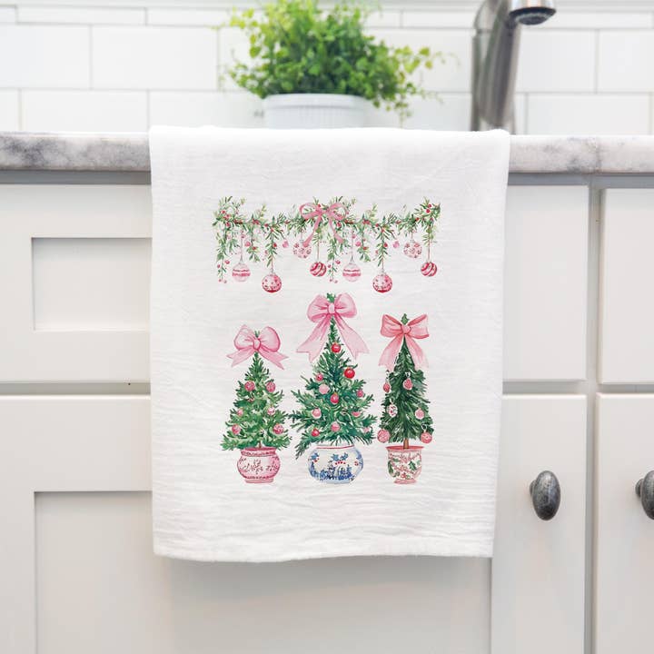 White Cotton Tea Towel-Blush & Baubles - Millennial Christmas for wholesale on Faire4