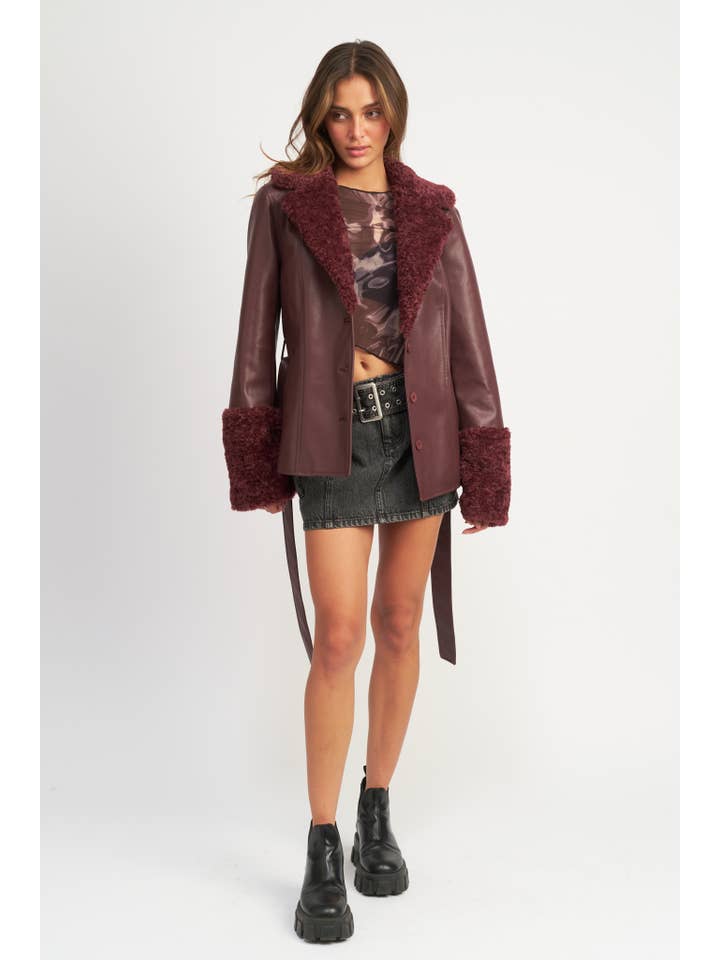 BURGUNDY BELTED FAUX SHEARING TRIMMED JACKET for wholesale on Faire