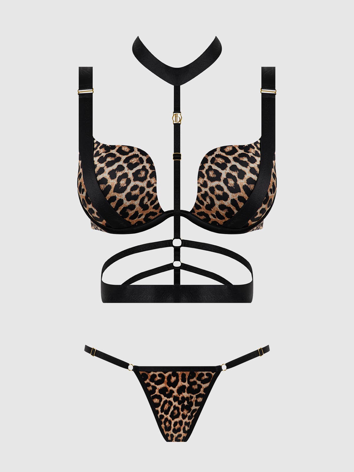 LEOPARD BLACK DEVON STRAPPY PUSH UP BRA, HARNESS & G-STRING SET for wholesale on Faire9