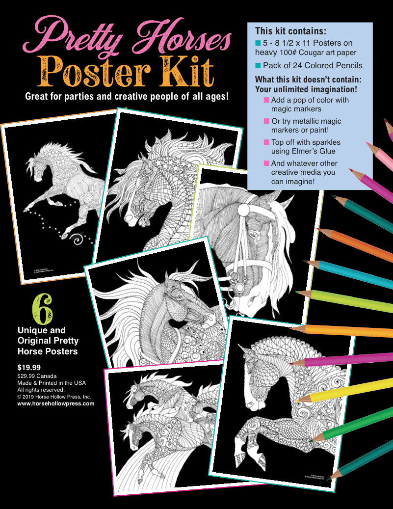 Horse Hollow Press / Pretty, Funny, Snarky Cards & Stickers - Wholesale Crafts, Hobbies & DIY Book - Pretty Horses Kit / 6 Drawings to Color / 24-Colored Pencils2