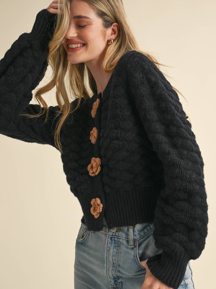 &MERCI - Wholesale Cardigan - Women's - TEXTURED SWEATER CARDIGAN WITH KNIT ROSETTE DETAIL MSW1073516