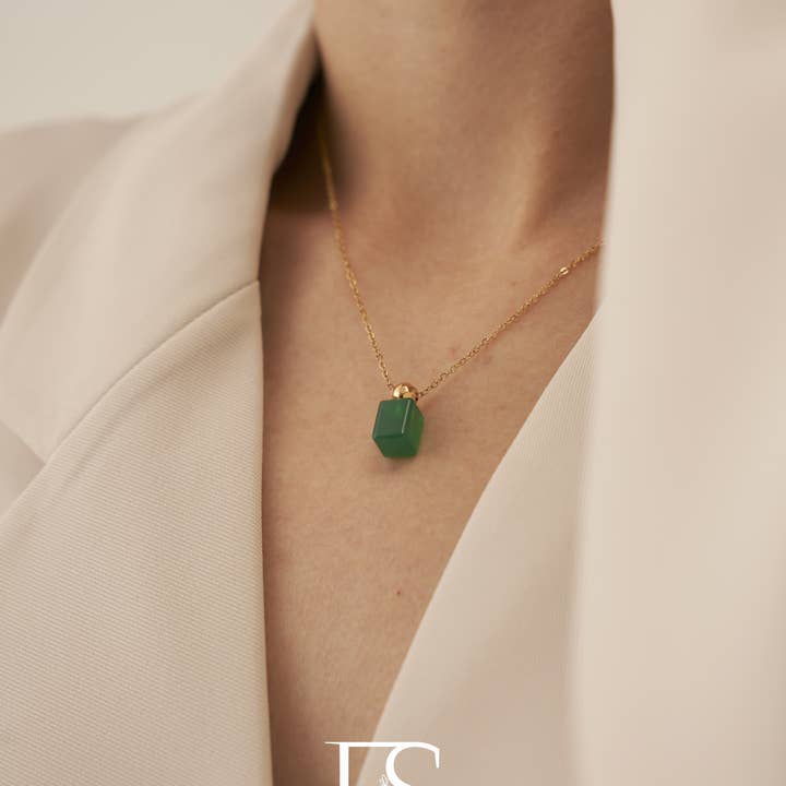 Furano Studio - Wholesale Pendant/Charm Necklace - 18K Gold Plated Green Cube Pendant Necklace