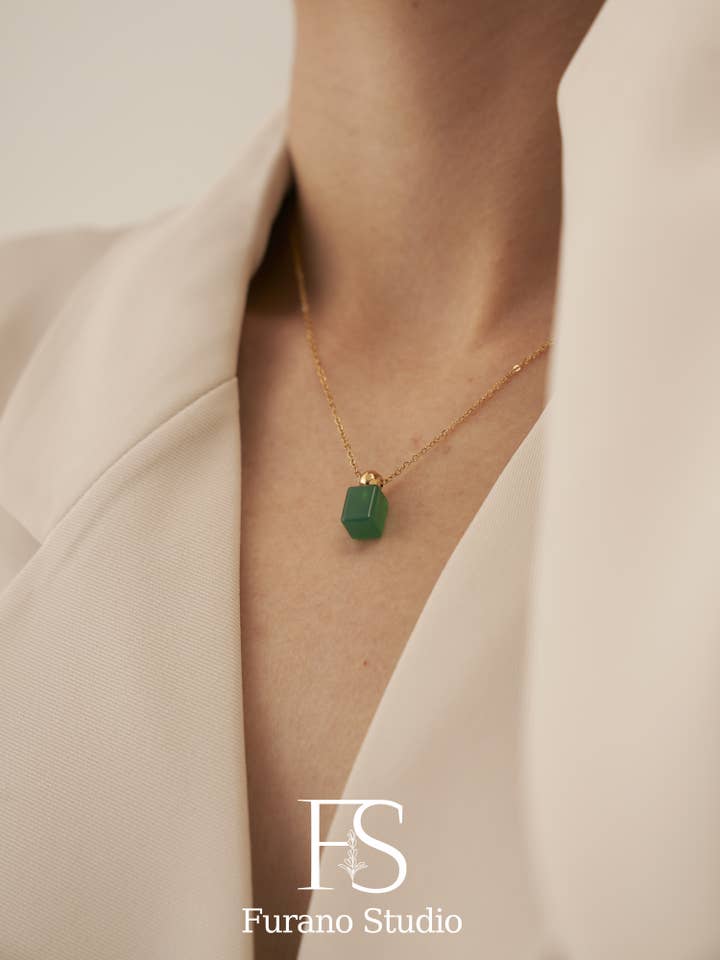 18K Gold Plated Green Cube Pendant Necklace for wholesale by Furano Studio
