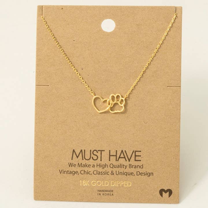 Fame Accessories - Wholesale Pendant/Charm Necklace - Gold Dipped Dog Paw Heart Cutout Pendant Necklace